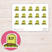 Lime Green RIP Headstone Planner Stickers | DDZ-4120 — 4 × 3 inch sheet and enlarged sticker detail