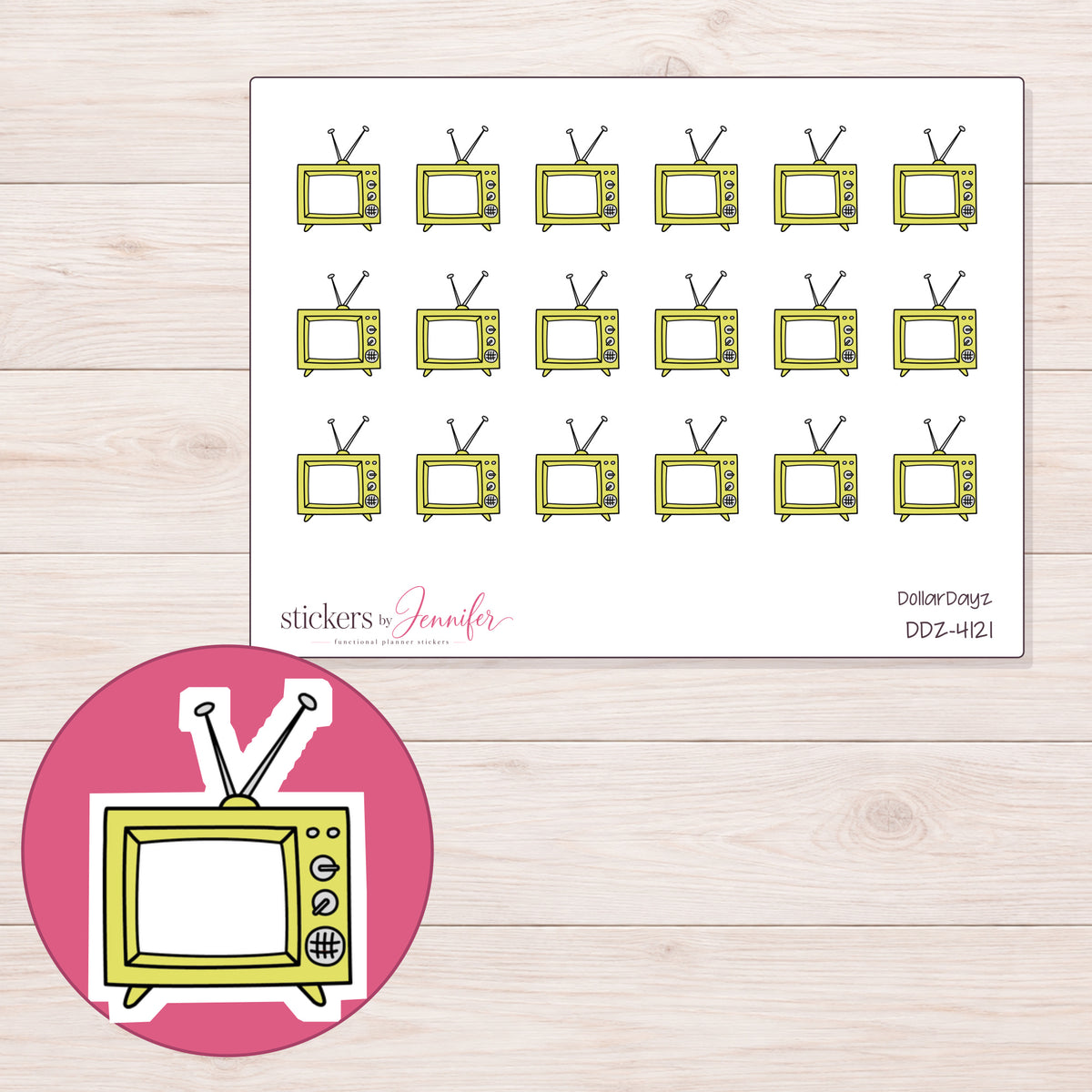 Lime Green Box Television Planner Stickers | DDZ-4121 — 4 × 3 inch sheet and enlarged sticker detail