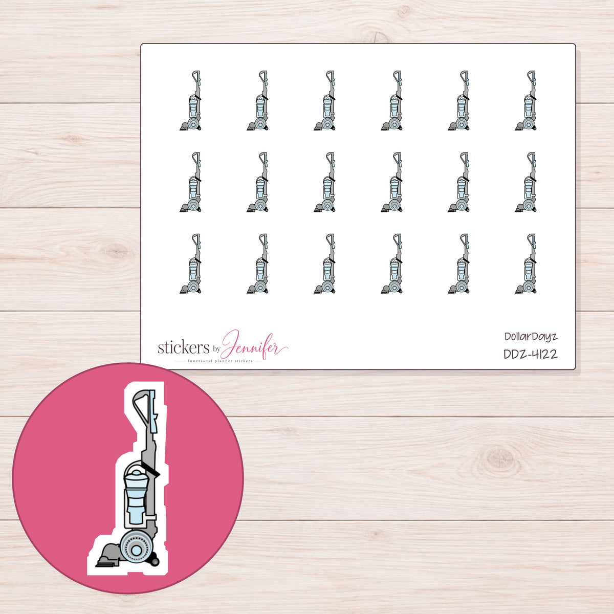 Blue Detailed Upright Vacuum Planner Stickers | DDZ-4122 — 4 × 3 inch sheet and enlarged sticker detail