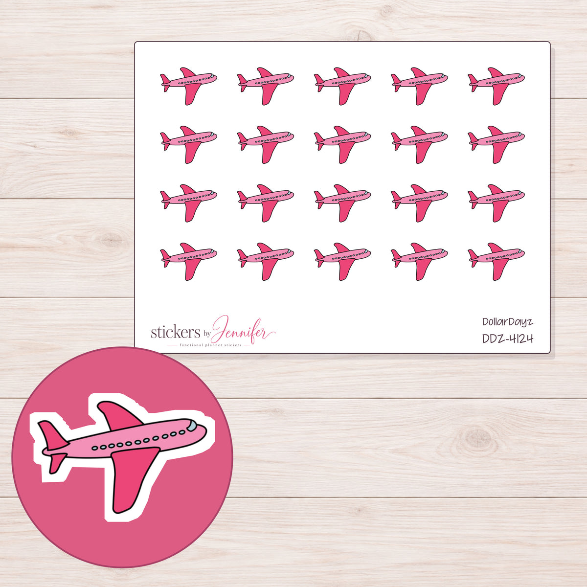 Pink Airplane Planner Stickers | DDZ-4124 — 4 × 3 inch sheet and enlarged sticker detail