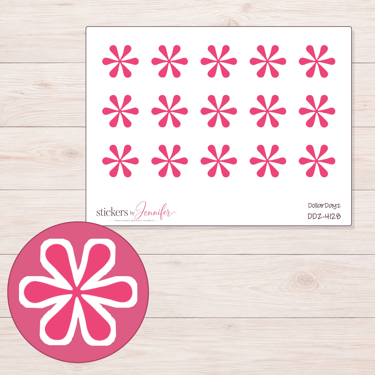 Pink Asterisk Planner Stickers | DDZ-4128 — 4 × 3 inch sheet and enlarged sticker detail