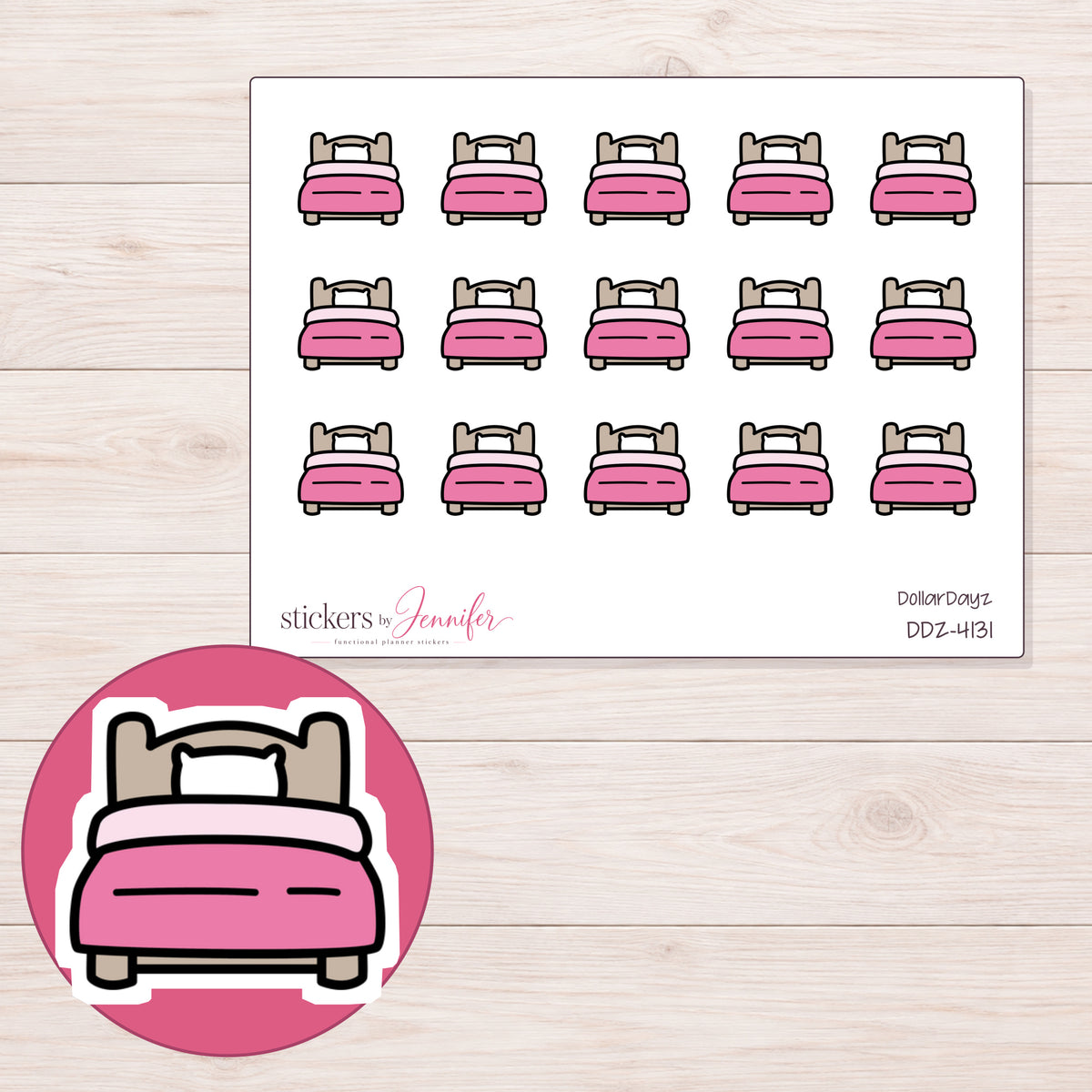 Pink Single Bed Planner Stickers | DDZ-4131 — 4 × 3 inch sheet and enlarged sticker detail