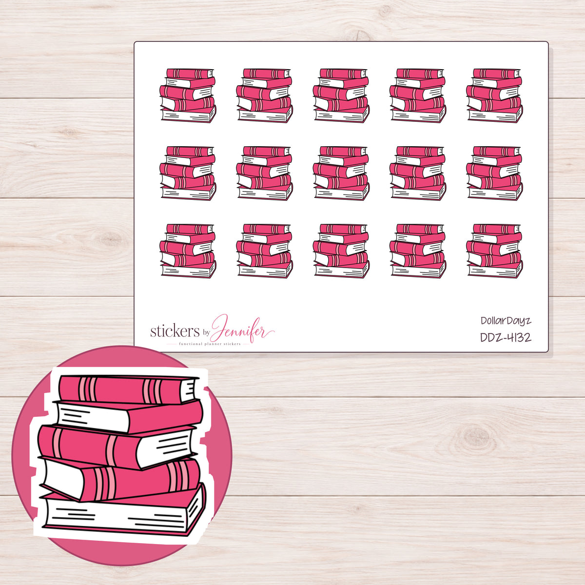 Stack of Pink Books Planner Stickers | DDZ-4132 — 4 × 3 inch sheet and enlarged sticker detail
