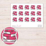 Stack of Pink Books Planner Stickers | DDZ-4132 — 4 × 3 inch sheet and enlarged sticker detail