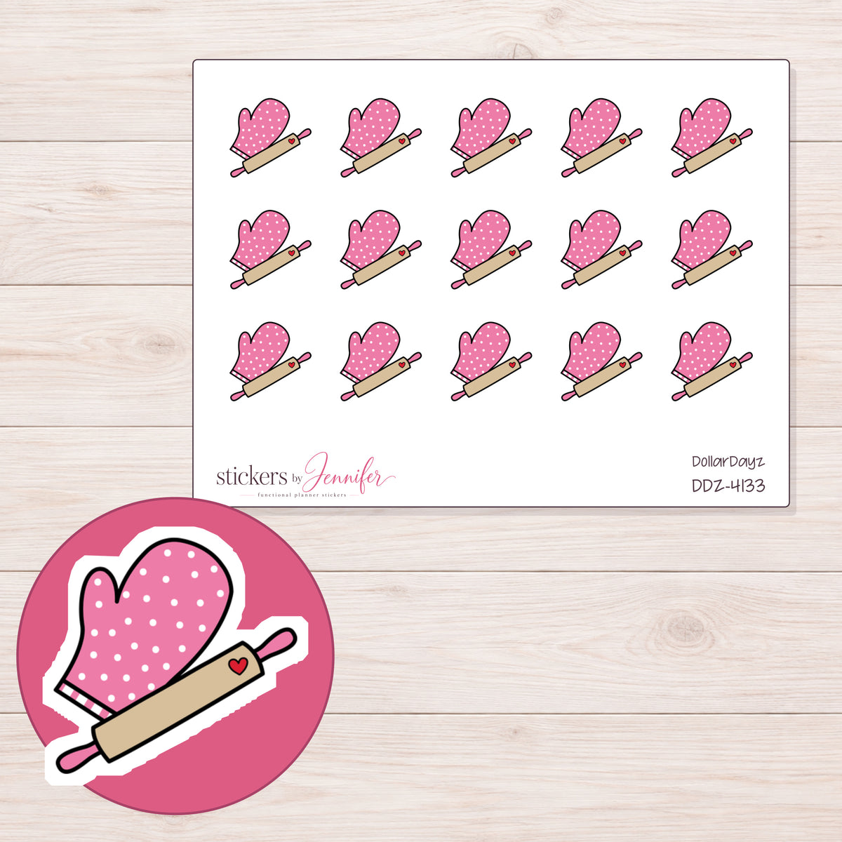 Pink Oven Mitt and Rolling Pin Planner Stickers | DDZ-4133 — 4 × 3 inch sheet and enlarged sticker detail