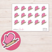 Pink Oven Mitt and Rolling Pin Planner Stickers | DDZ-4133 — 4 × 3 inch sheet and enlarged sticker detail