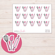 Pink Baking Utensils Planner Stickers | DDZ-4134 — 4 × 3 inch sheet and enlarged sticker detail