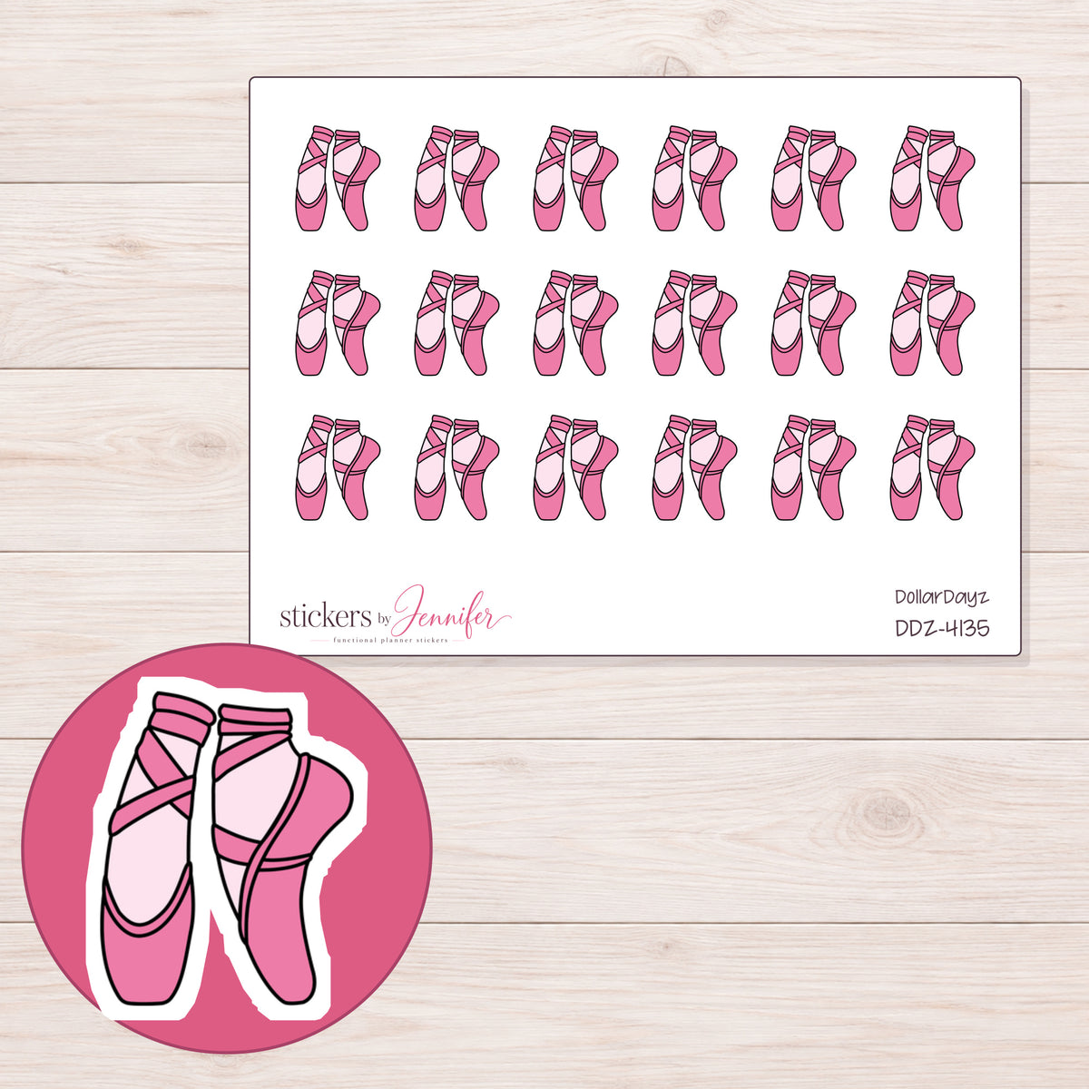 Pink Ballet Slippers Planner Stickers | DDZ-4135 — 4 × 3 inch sheet and enlarged sticker detail