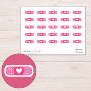 Pink Heart Bandage Planner Stickers | DDZ-4136 — 4 × 3 inch sheet and enlarged sticker detail
