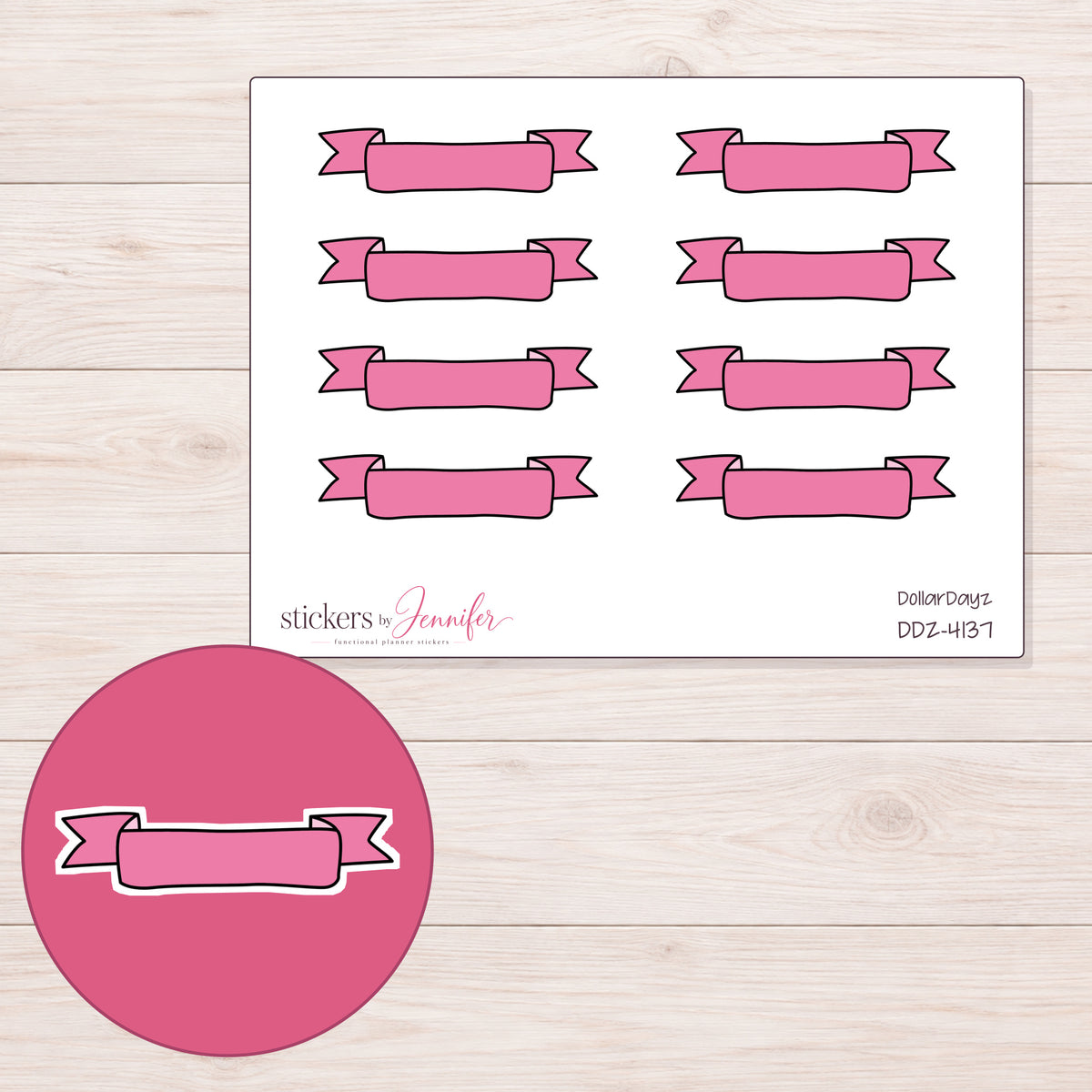 Pink Scroll Banner Label Planner Stickers | DDZ-4137 — 4 × 3 inch sheet and enlarged sticker detail