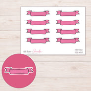 Pink Scroll Banner Label Planner Stickers | DDZ-4137 — 4 × 3 inch sheet and enlarged sticker detail