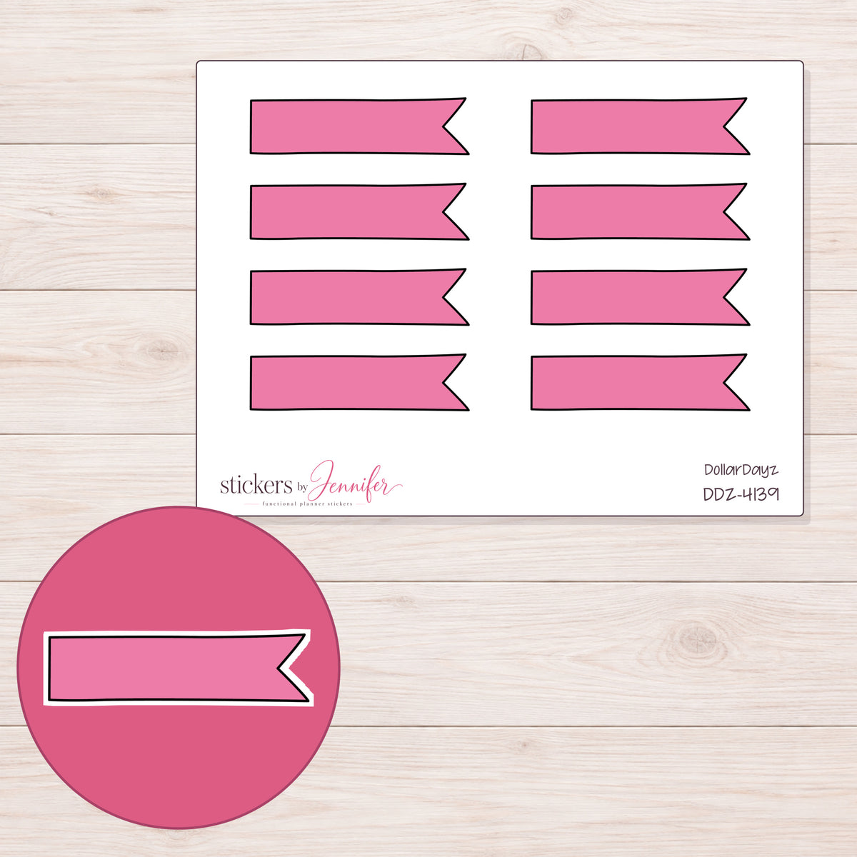 Pink Single-Notch Banner Label Planner Stickers | DDZ-4139 — 4 × 3 inch sheet and enlarged sticker detail