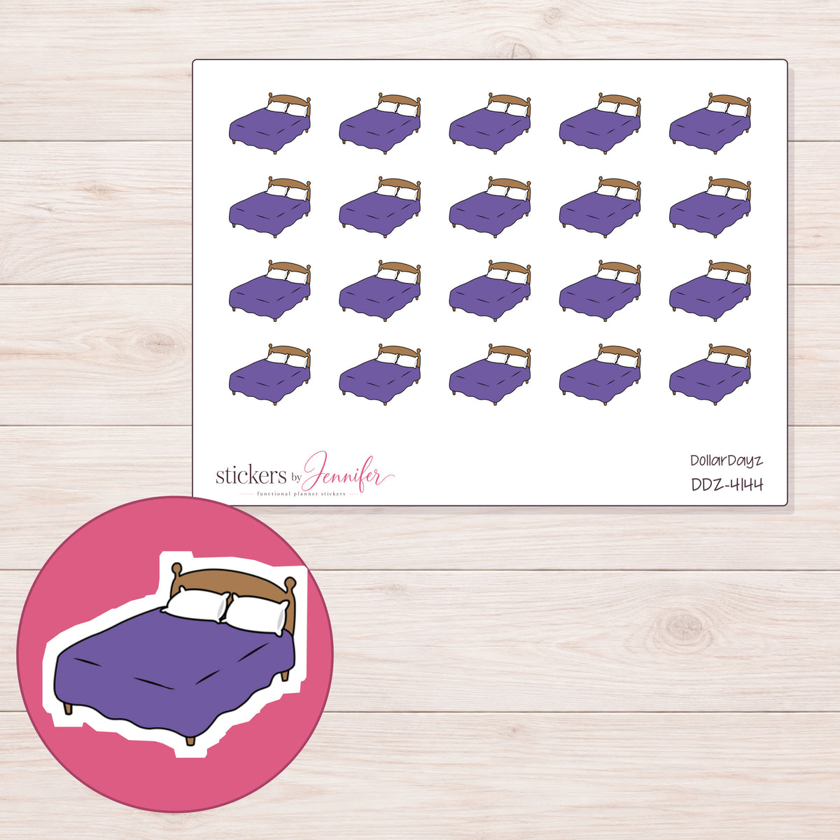 Purple Blanket Bed Planner Stickers | DDZ-4144 — 4 × 3 inch sheet and enlarged sticker detail