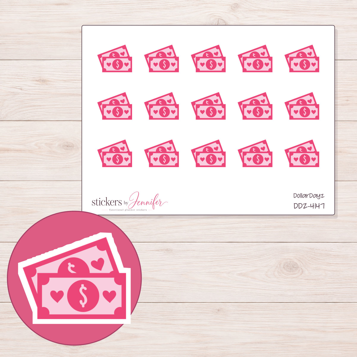 Pink Banknotes Planner Stickers | DDZ-4147 — 4 × 3 inch sheet and enlarged sticker detail