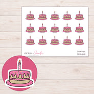 Pink Birthday Cake Planner Stickers | DDZ-4148 — 4 × 3 inch sheet and enlarged sticker detail