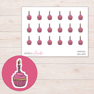 Pink Birthday Cupcake Planner Stickers | DDZ-4149 — 4 × 3 inch sheet and enlarged sticker detail