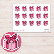 Pink Bow Gift Planner Stickers | DDZ-4150 — 4 × 3 inch sheet and enlarged sticker detail