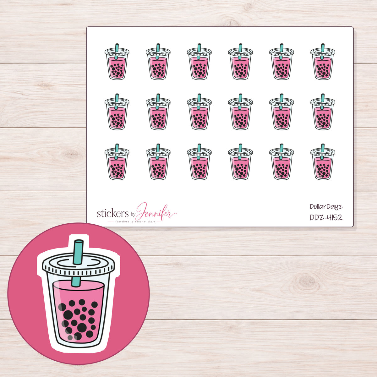 Pink Boba Tea Planner Stickers | DDZ-4152 — 4 × 3 inch sheet and enlarged sticker detail