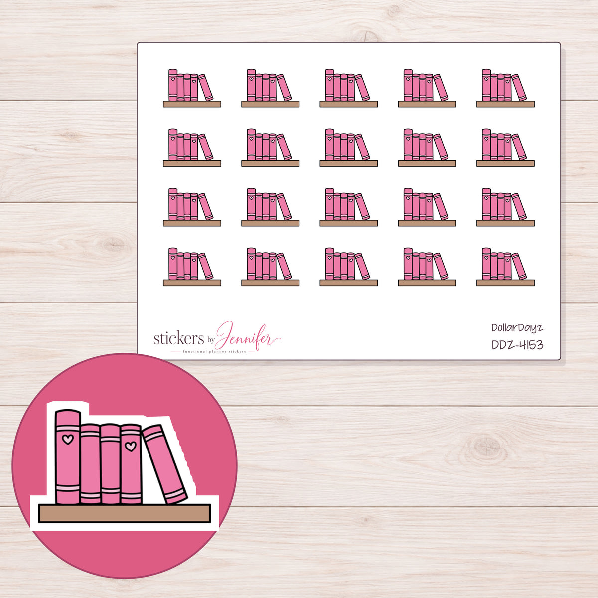 Pink Bookshelf Planner Stickers | DDZ-4153 — 4 × 3 inch sheet and enlarged sticker detail
