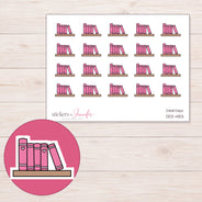 Pink Bookshelf Planner Stickers | DDZ-4153 — 4 × 3 inch sheet and enlarged sticker detail