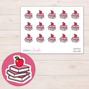 Pink Books and Red Apple Planner Stickers | DDZ-4155 — 4 × 3 inch sheet and enlarged sticker detail
