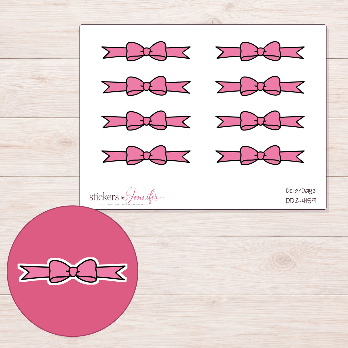 Pink Bow Ribbon Divider Planner Stickers | DDZ-4159 — 4 × 3 inch sheet and enlarged sticker detail