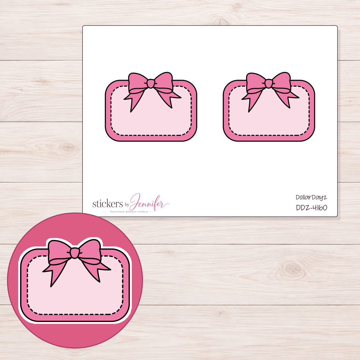 Pink Bow Half Box Label Planner Stickers | DDZ-4160 — 4 × 3 inch sheet and enlarged sticker detail
