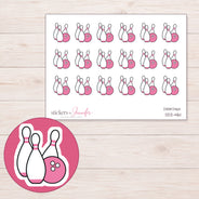 Pink Bowling Ball and Pins Planner Stickers | DDZ-4161 — 4 × 3 inch sheet and enlarged sticker detail