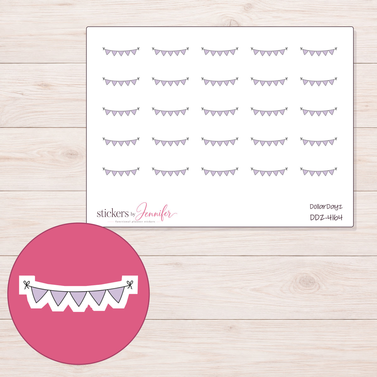 Pale Lavender Pennant Bunting Planner Stickers | DDZ-4164 — 4 × 3 inch sheet and enlarged sticker detail