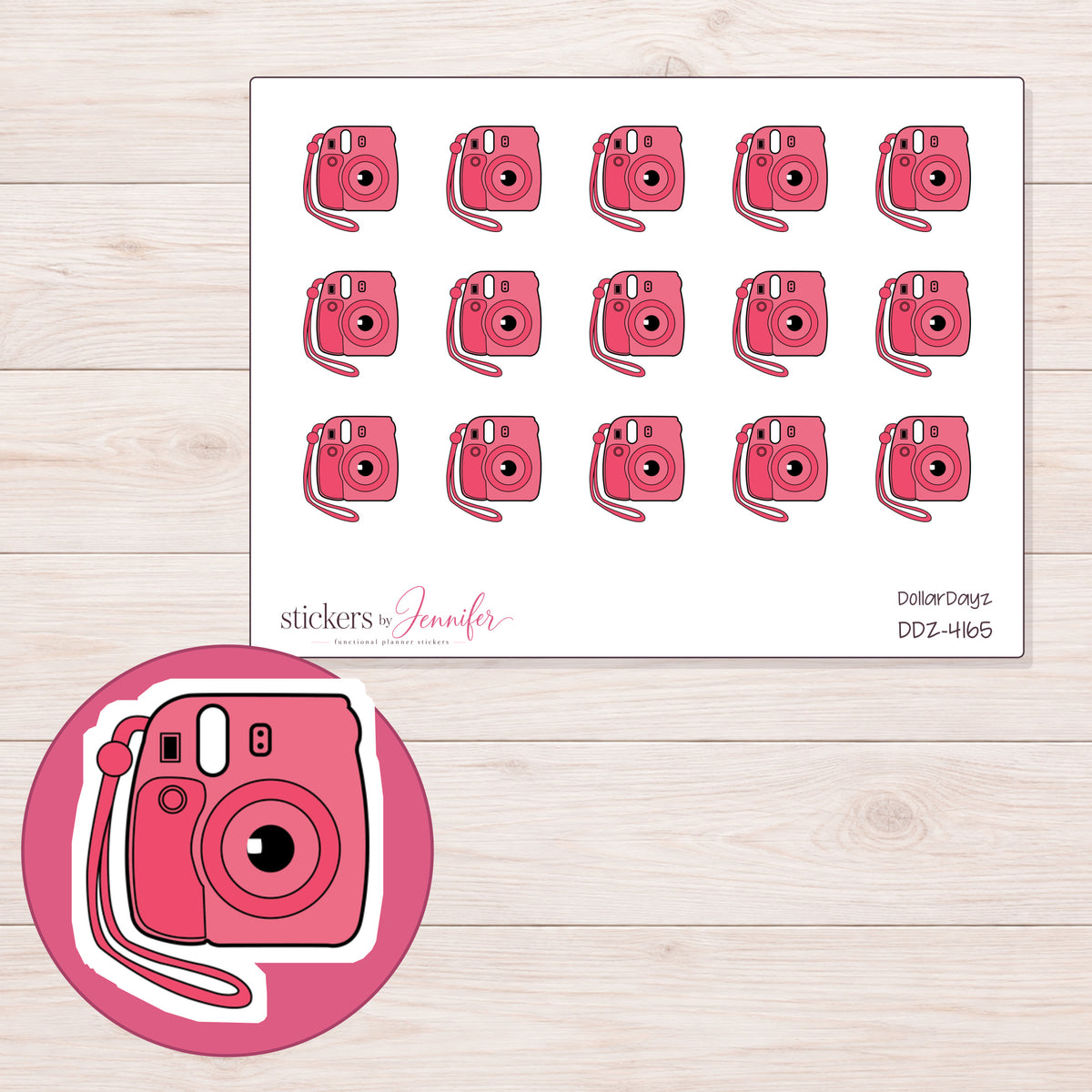 Pink Instant Camera Planner Stickers | DDZ-4165 — 4 × 3 inch sheet and enlarged sticker detail