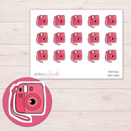 Pink Instant Camera Planner Stickers | DDZ-4165 — 4 × 3 inch sheet and enlarged sticker detail