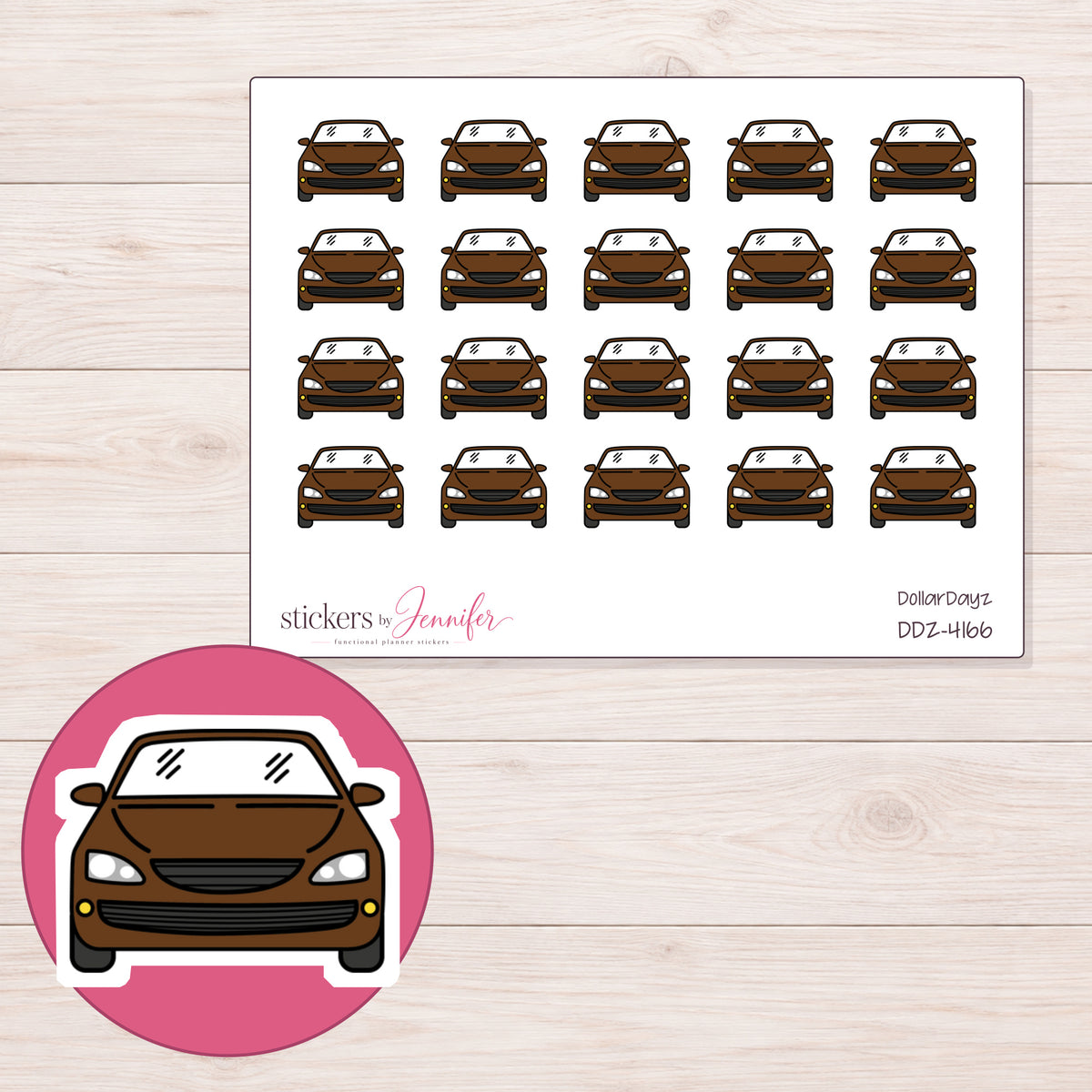 Brown Front View Car Planner Stickers | DDZ-4166 — 4 × 3 inch sheet and enlarged sticker detail