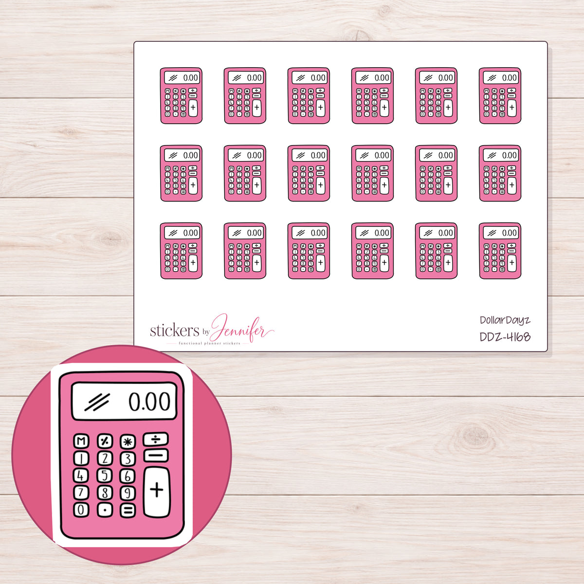 Pink Calculator Planner Stickers | DDZ-4168 — 4 × 3 inch sheet and enlarged sticker detail