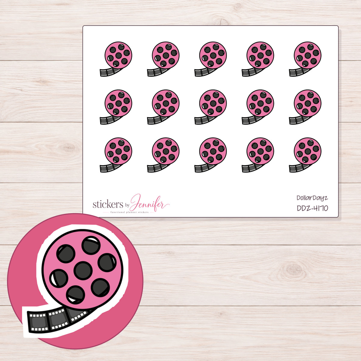 Pink Film Reel Planner Stickers | DDZ-4170 — 4 × 3 inch sheet and enlarged sticker detail