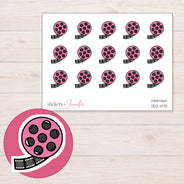 Pink Film Reel Planner Stickers | DDZ-4170 — 4 × 3 inch sheet and enlarged sticker detail