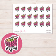 Pink Grocery Cart Planner Stickers | DDZ-4171 — 4 × 3 inch sheet and enlarged sticker detail