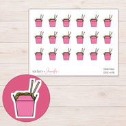 Pink Noodle Takeout Box Planner Stickers | DDZ-4175 — 4 × 3 inch sheet and enlarged sticker detail