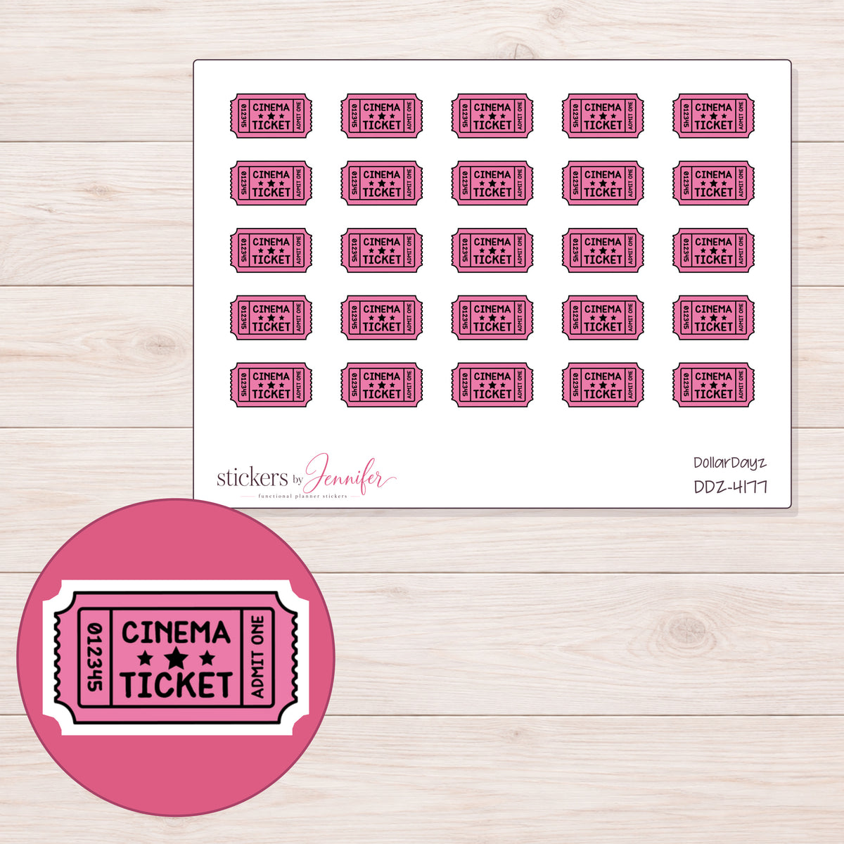 Pink Cinema Ticket Planner Stickers | DDZ-4177 — 4 × 3 inch sheet and enlarged sticker detail