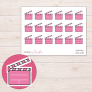 Pink Clapperboard Planner Stickers | DDZ-4178 — 4 × 3 inch sheet and enlarged sticker detail