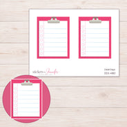 Pink Clipboard Checklist Planner Stickers | DDZ-4180 — 4 × 3 inch sheet and enlarged sticker detail