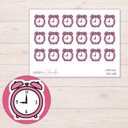 Pink Alarm Clock Planner Stickers | DDZ-4181 — 4 × 3 inch sheet and enlarged sticker detail