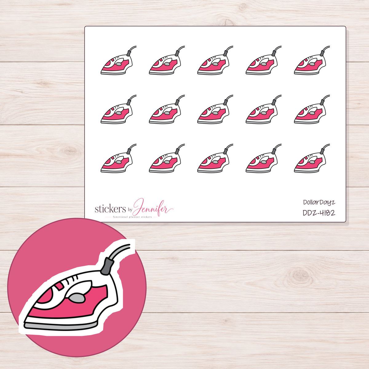 Pink Clothes Iron Planner Stickers | DDZ-4182 — 4 × 3 inch sheet and enlarged sticker detail