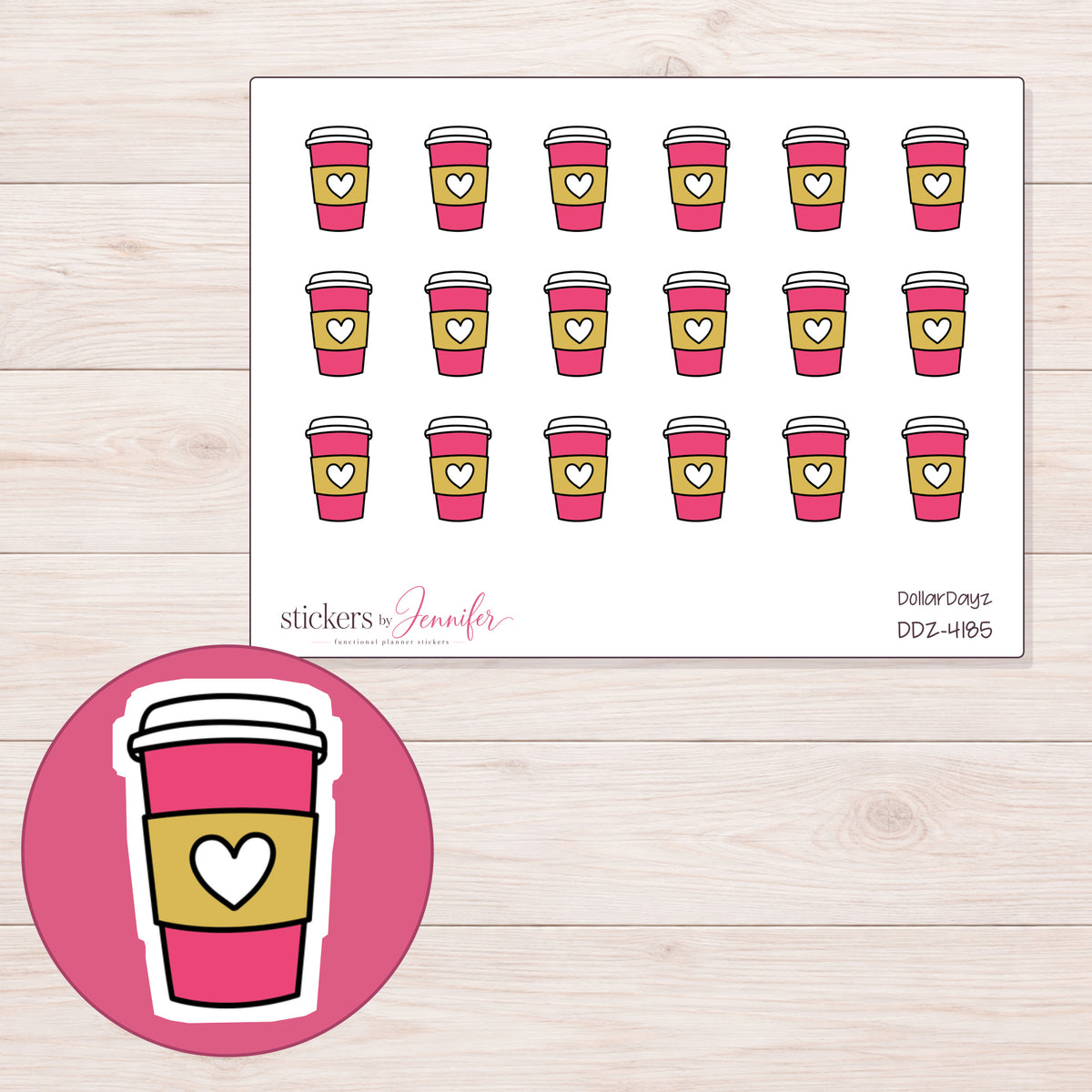 Pink and Yellow Heart Coffee Cup Planner Stickers | DDZ-4185 — 4 × 3 inch sheet and enlarged sticker detail