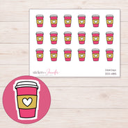 Pink and Yellow Heart Coffee Cup Planner Stickers | DDZ-4185 — 4 × 3 inch sheet and enlarged sticker detail