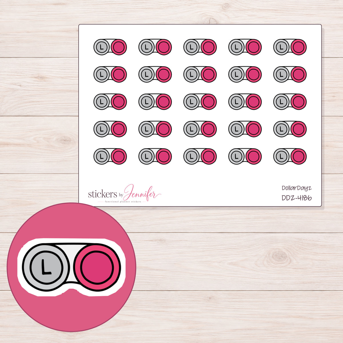 Pink Contact Lens Case Planner Stickers | DDZ-4186 — 4 × 3 inch sheet and enlarged sticker detail