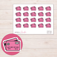 Pink Credit Cards Planner Stickers | DDZ-4187 — 4 × 3 inch sheet and enlarged sticker detail