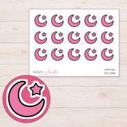 Pink Crescent Moon and Star Planner Stickers | DDZ-4188 — 4 × 3 inch sheet and enlarged sticker detail
