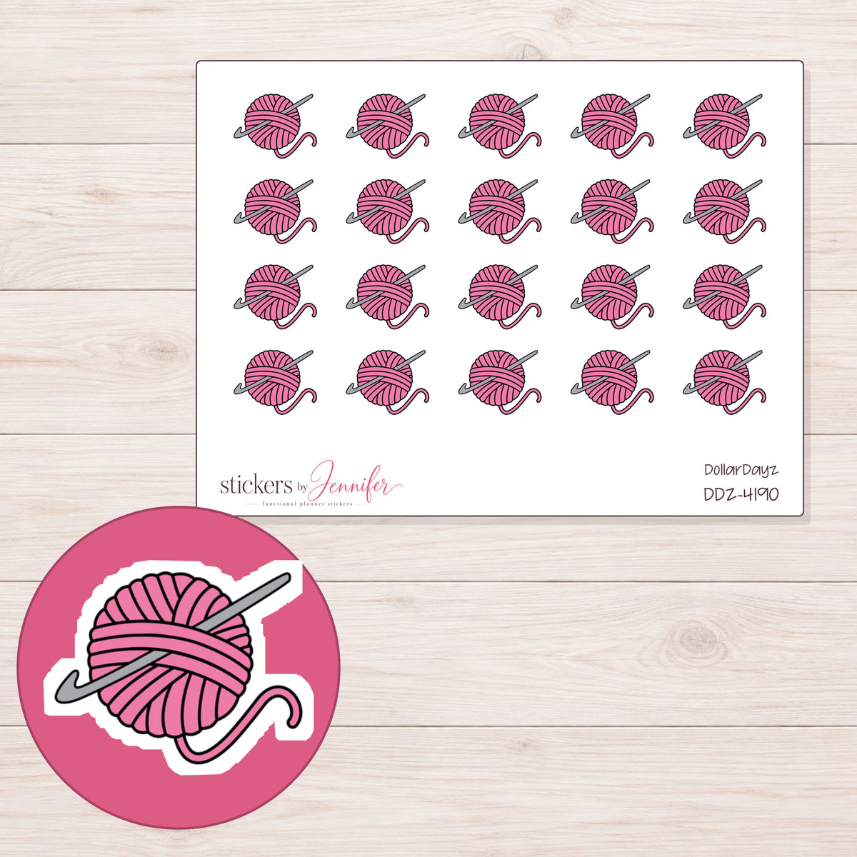 Pink Yarn Ball and Crochet Hook Planner Stickers | DDZ-4190 — 4 × 3 inch sheet and enlarged sticker detail
