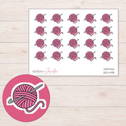Pink Yarn Ball and Crochet Hook Planner Stickers | DDZ-4190 — 4 × 3 inch sheet and enlarged sticker detail