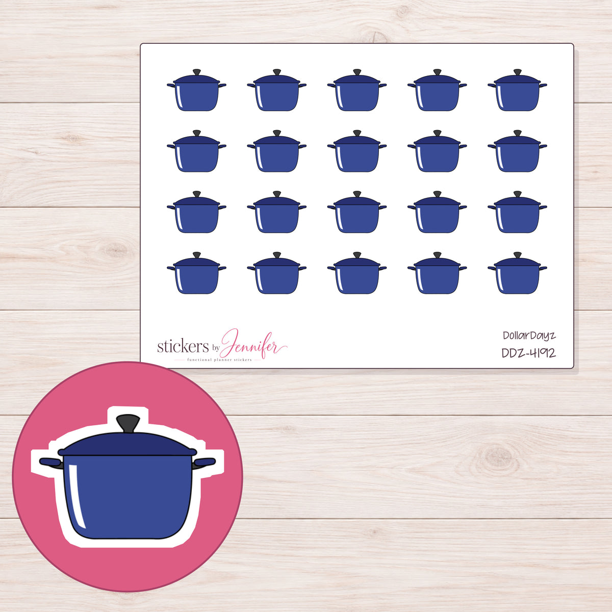 Navy Lidded Cooking Pot Planner Stickers | DDZ-4192 — 4 × 3 inch sheet and enlarged sticker detail